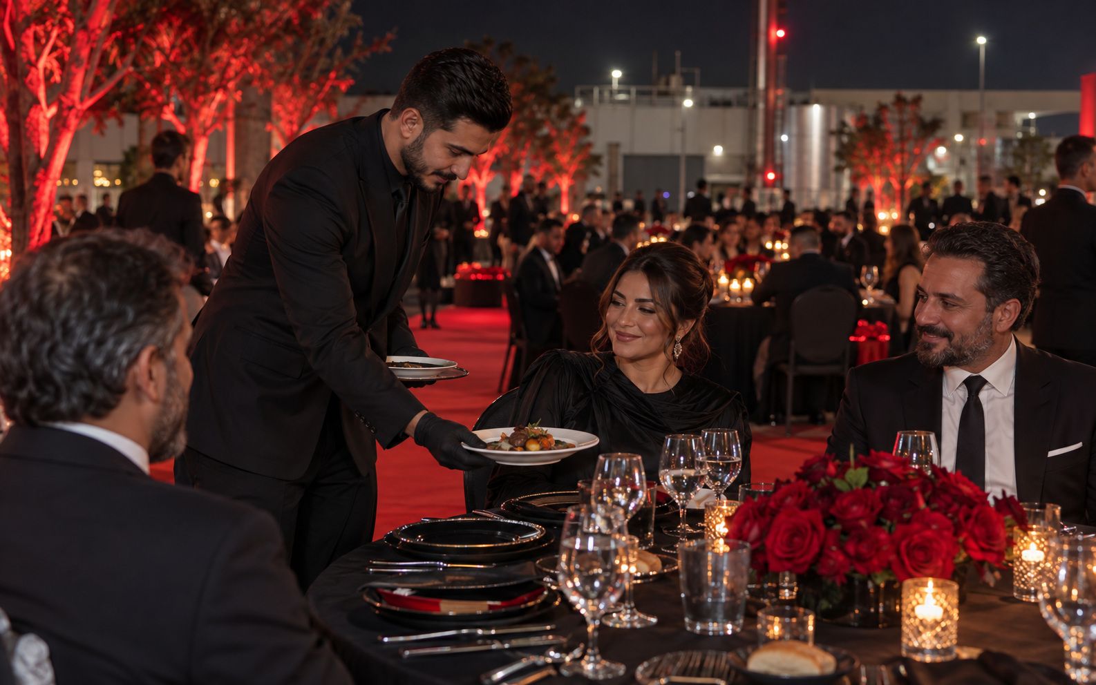 Waiter serving guests at a candlelit table
