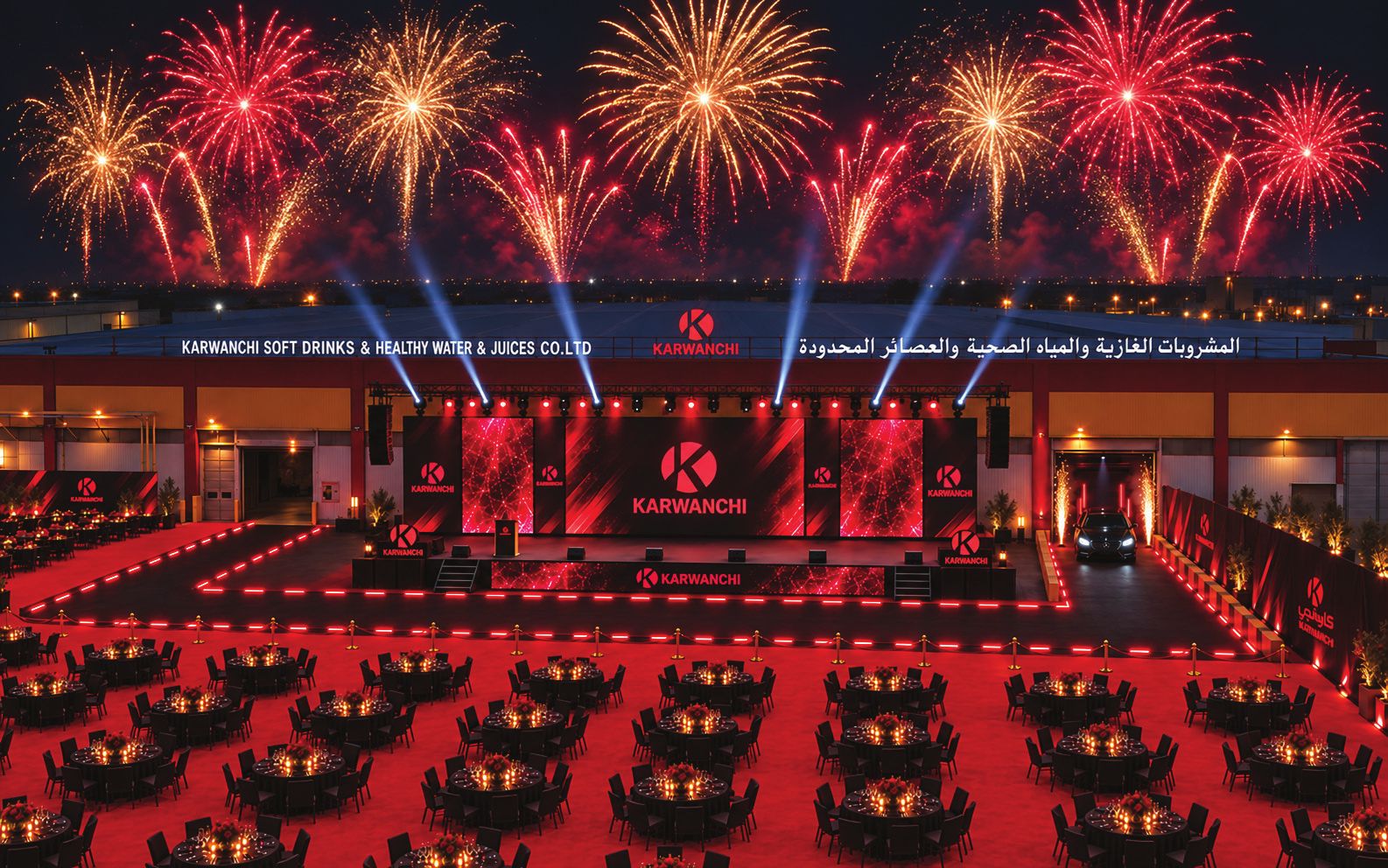 Fireworks bursting above the stage and the seated guests