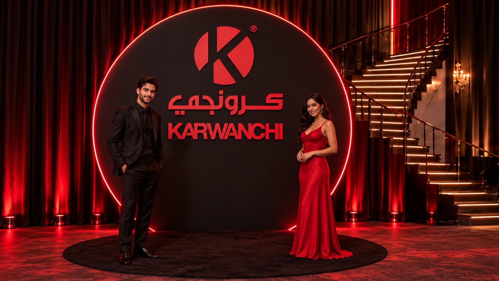 Circular Karwanchi photo booth with a red neon ring