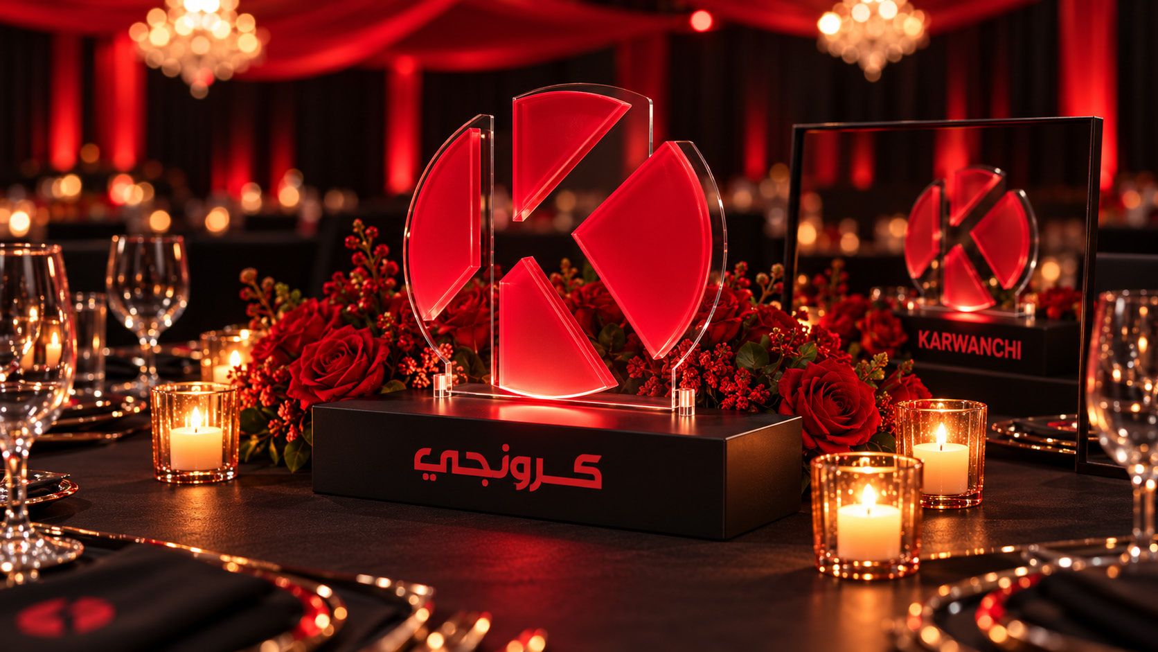Translucent red acrylic Karwanchi logo centrepiece on a black plinth among roses and candles