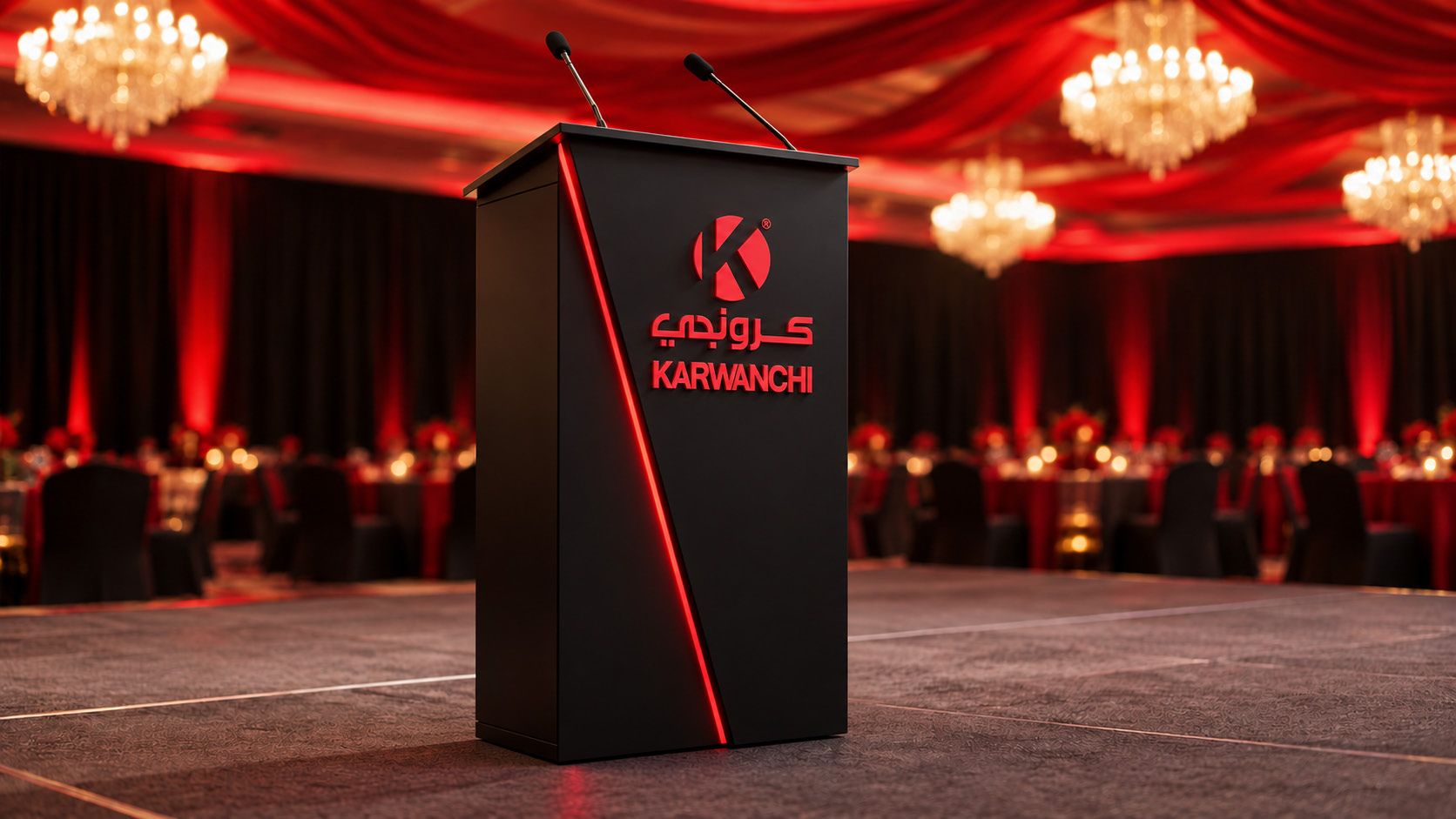 Matte black Karwanchi podium with a raised red logo and a red diagonal light line