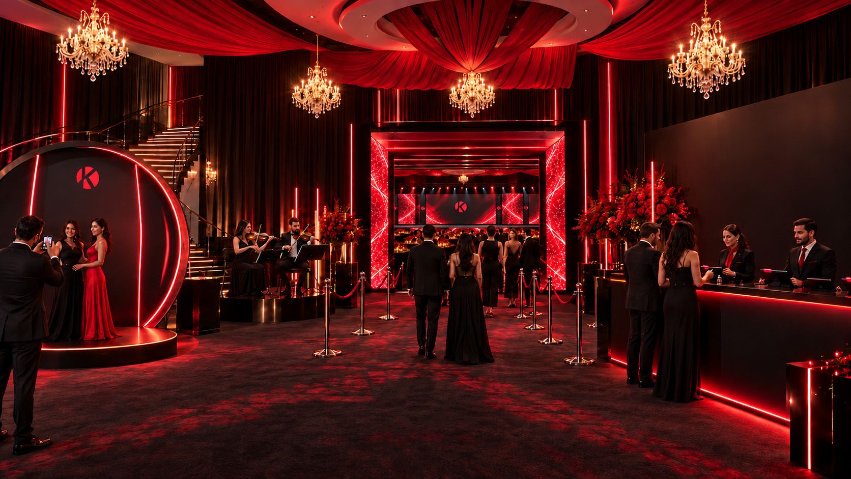 Foyer with registration counter, violinists, photo booth and the LED gate to the hall