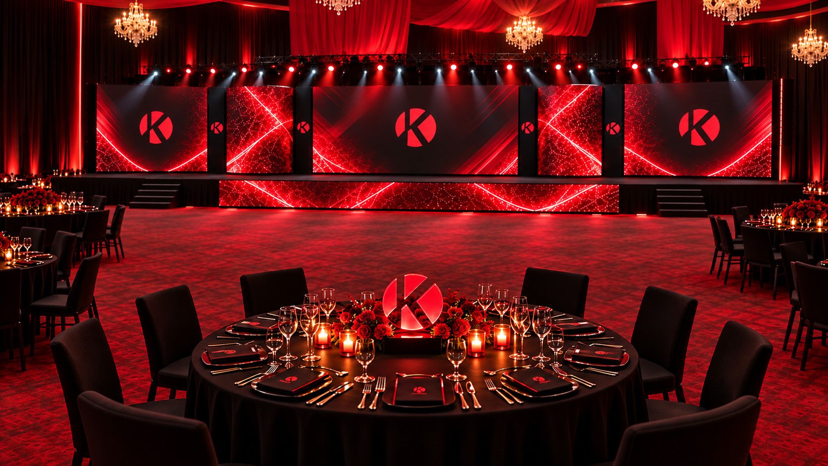 Round table for ten facing the stage, black linen and a lit K centrepiece
