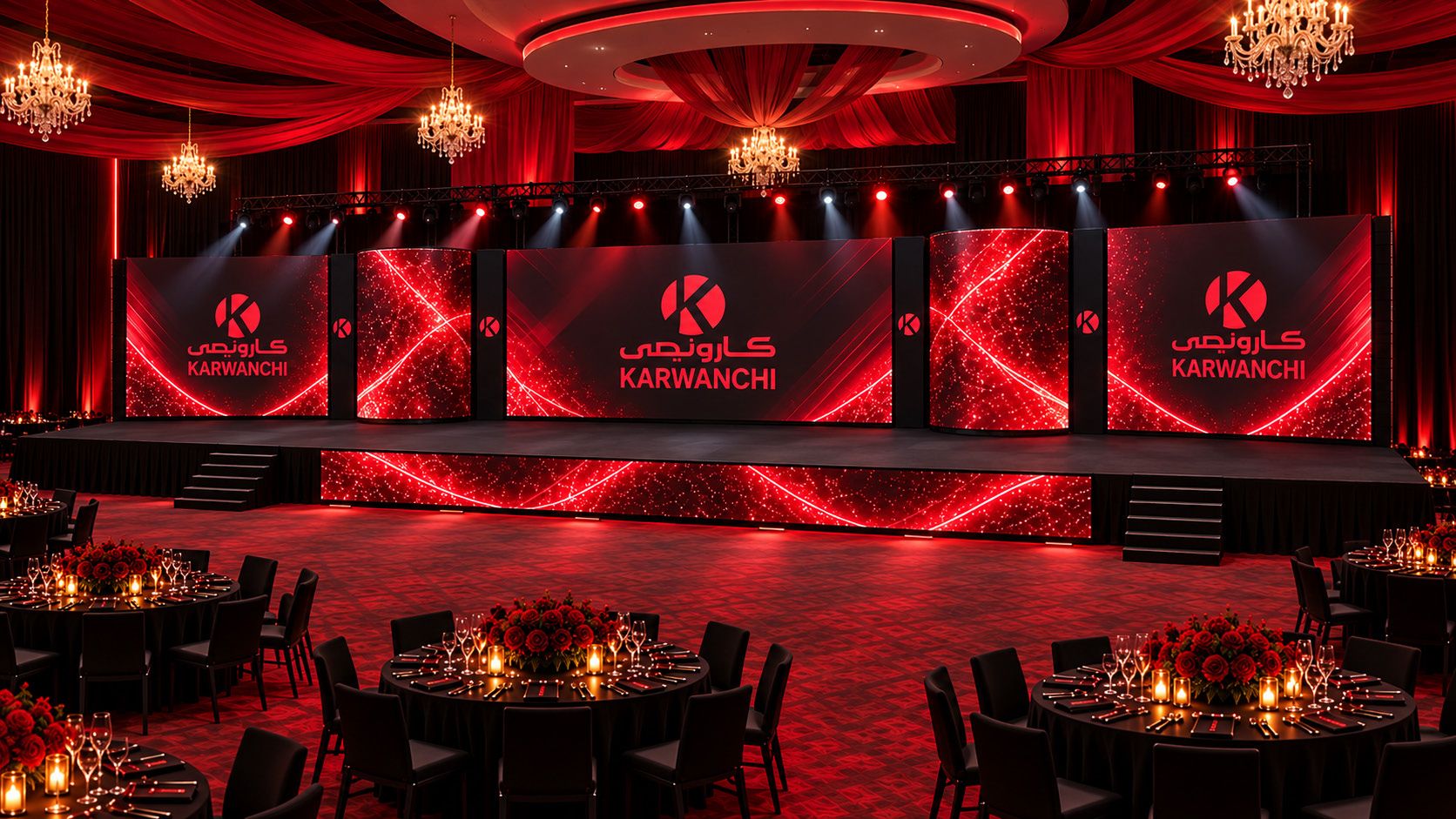 Galaxy Hall stage with five LED screens, two of them curved, a front LED ribbon and chandeliers above
