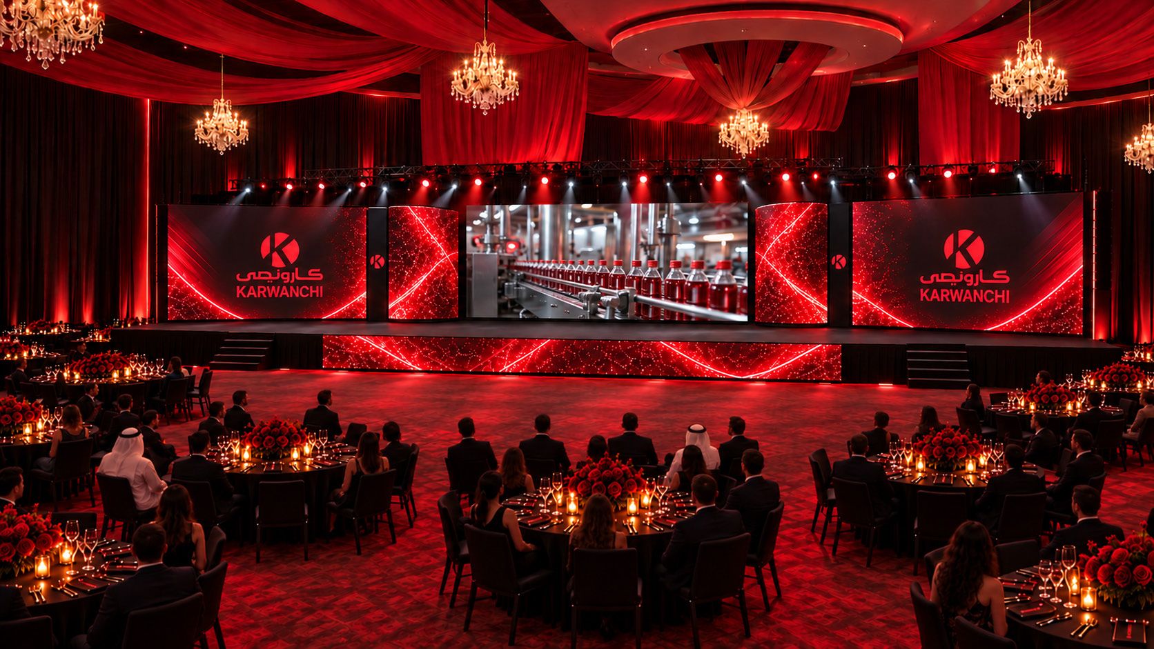 Guests at round tables watching the corporate film on the main screen