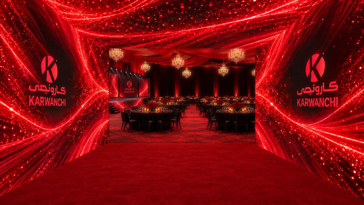 LED screen tunnel opening onto the ballroom