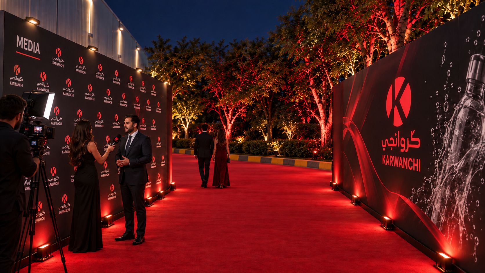 Interview area with media wall on the left of the red-carpet route