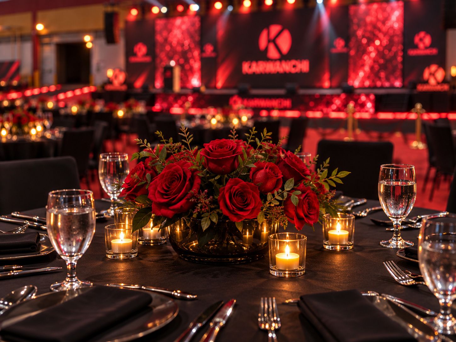 Black table linen, red roses and candlelight in front of the stage