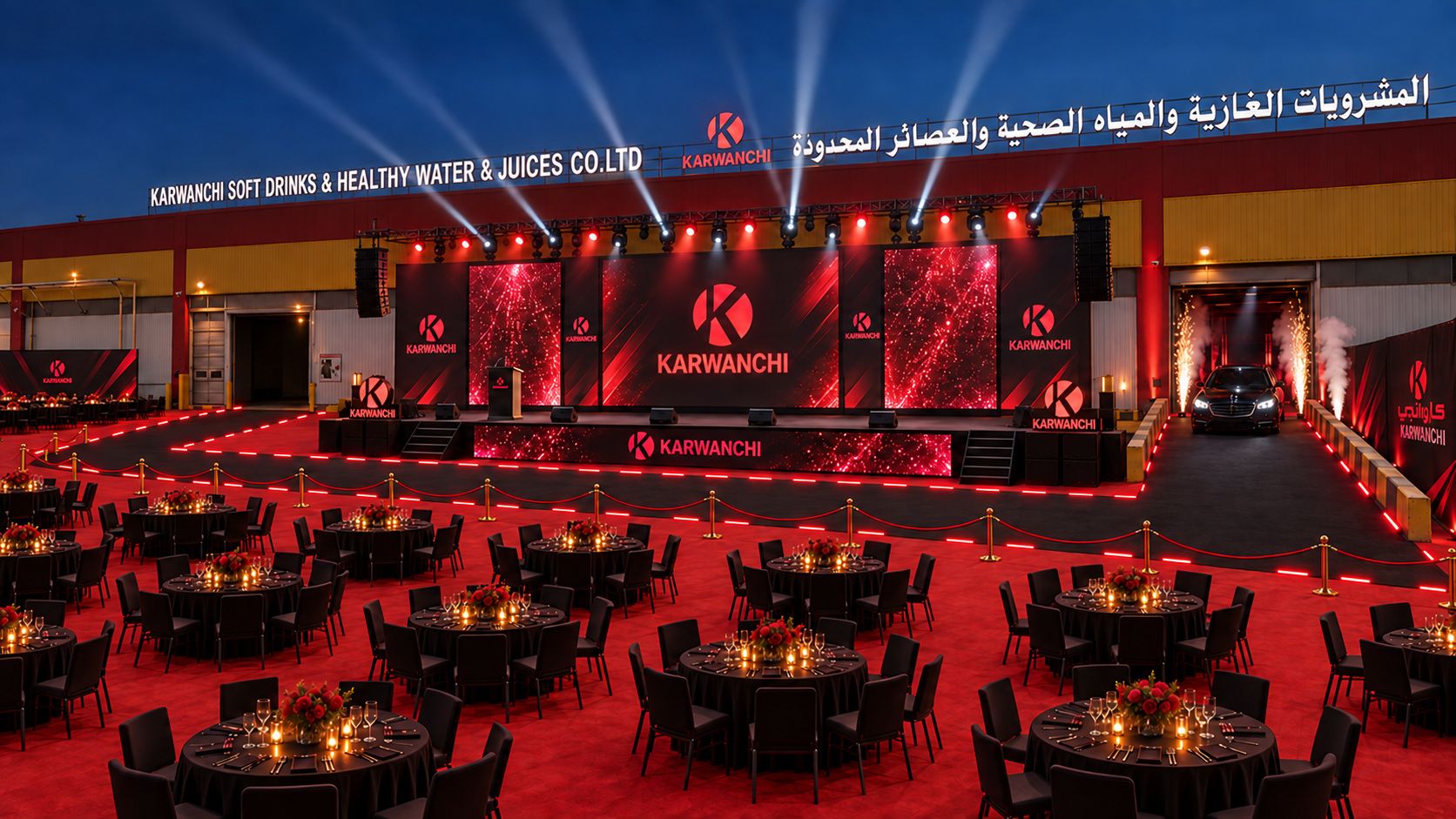 Main stage with the Karwanchi LED wall, red-carpet seating for 600 and the prize car at the warehouse door