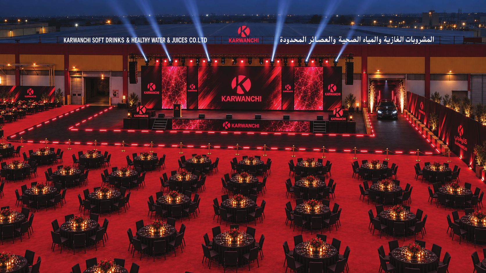 Aerial view of the stage and 600-guest seating at night